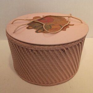 Vintage 1940’s Princess Pink Round Wicker/Wood Sewing Basket Box Floral Decals